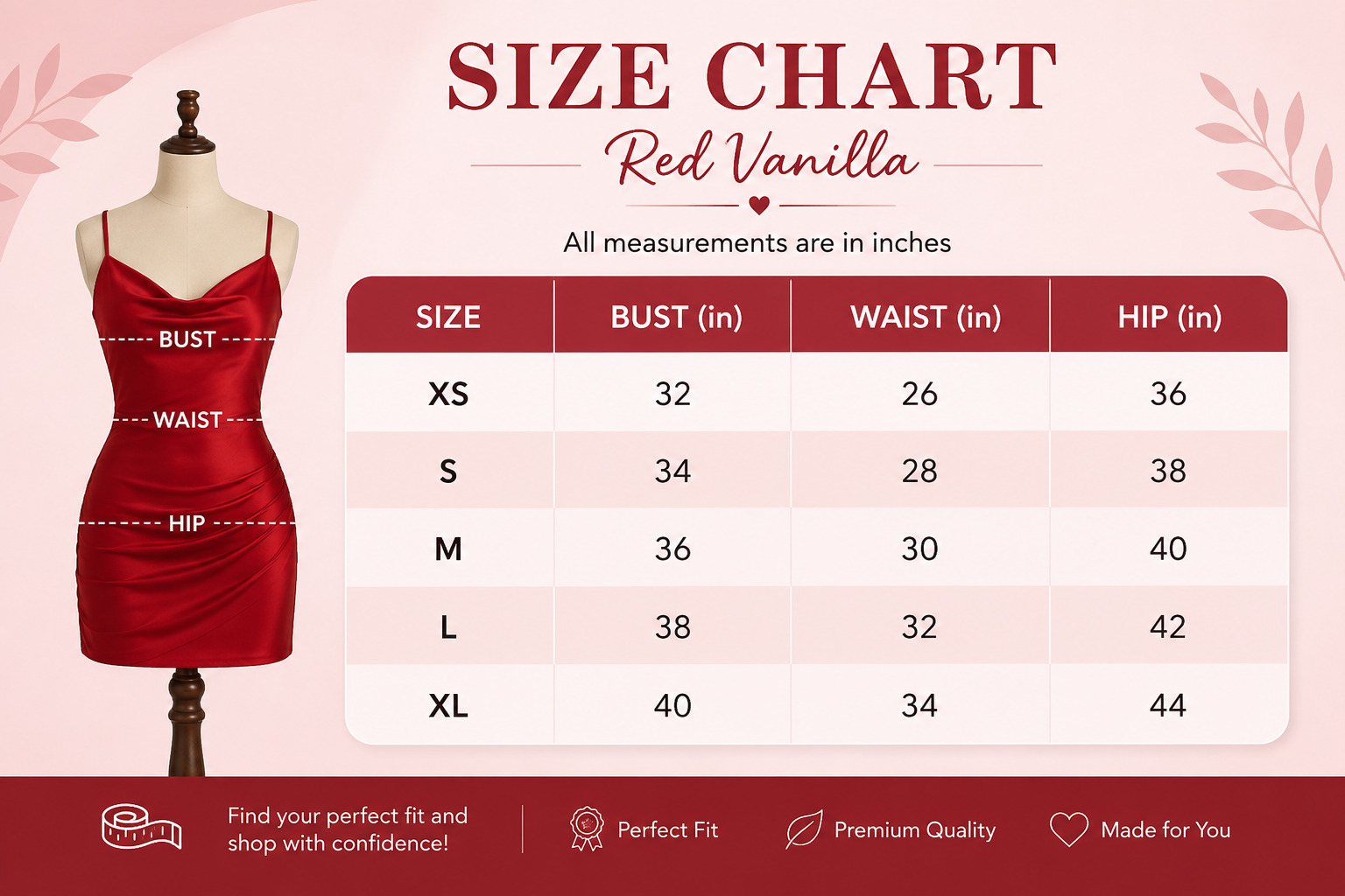 Size chart in inches and centimetres